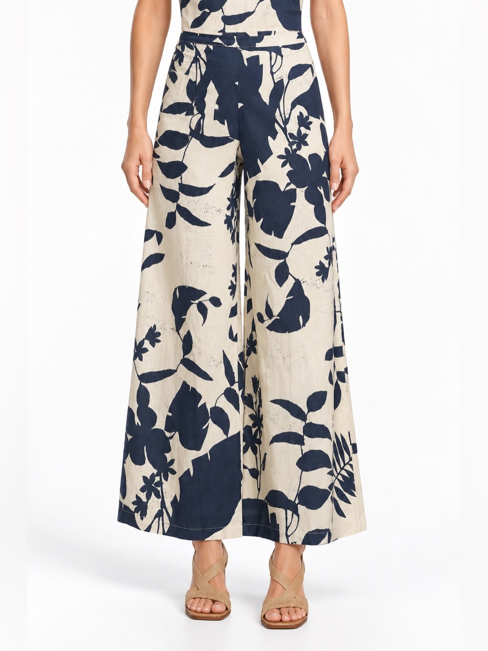 Bryn Walker Foglie Print Linen Blend Elastic Waist Wide Full Leg Pants Sz XS